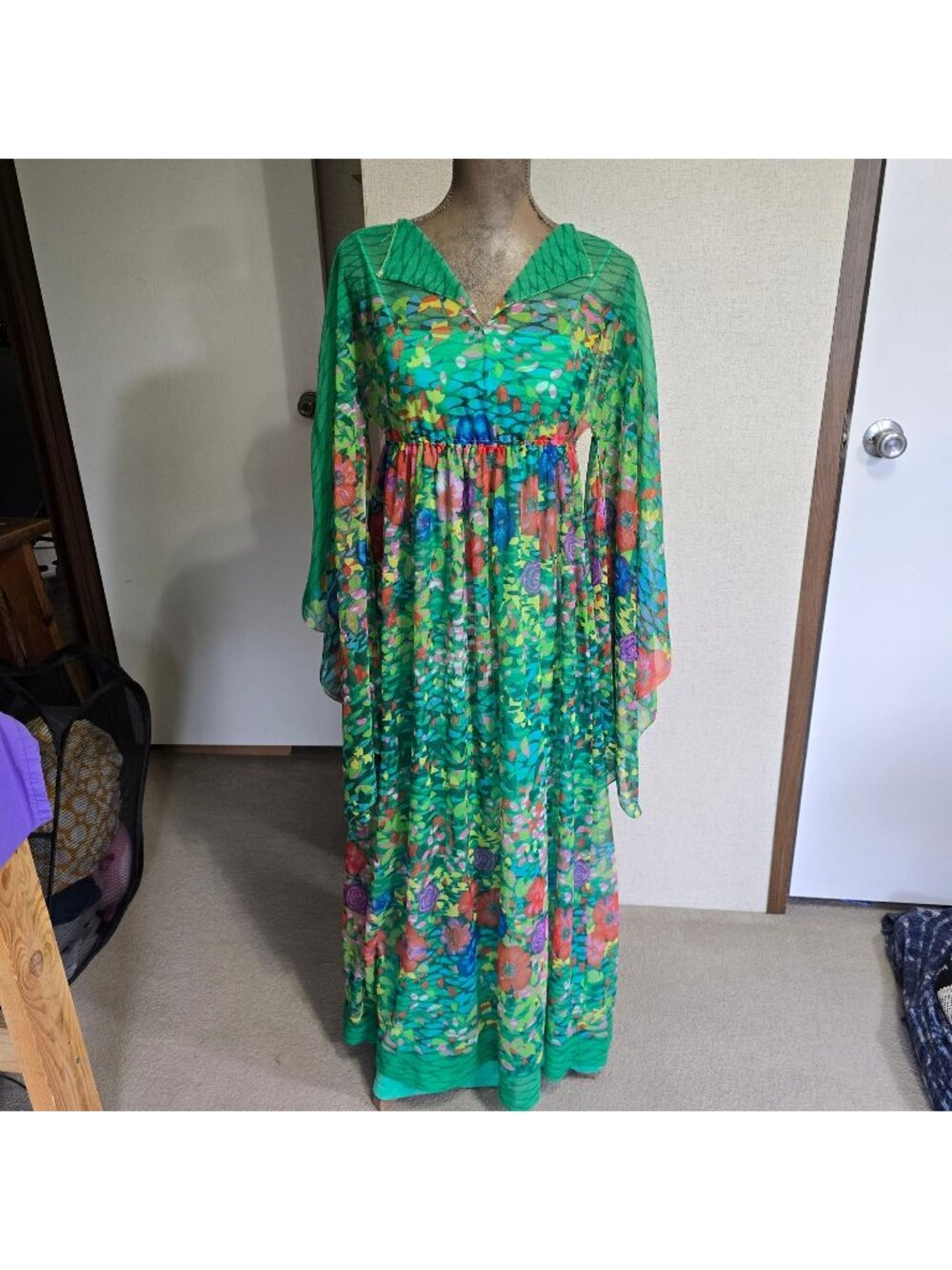 Vintage 60s 70s Empire Waist Small Maxi Dress Green Floral Chiffon Overlay Boho
